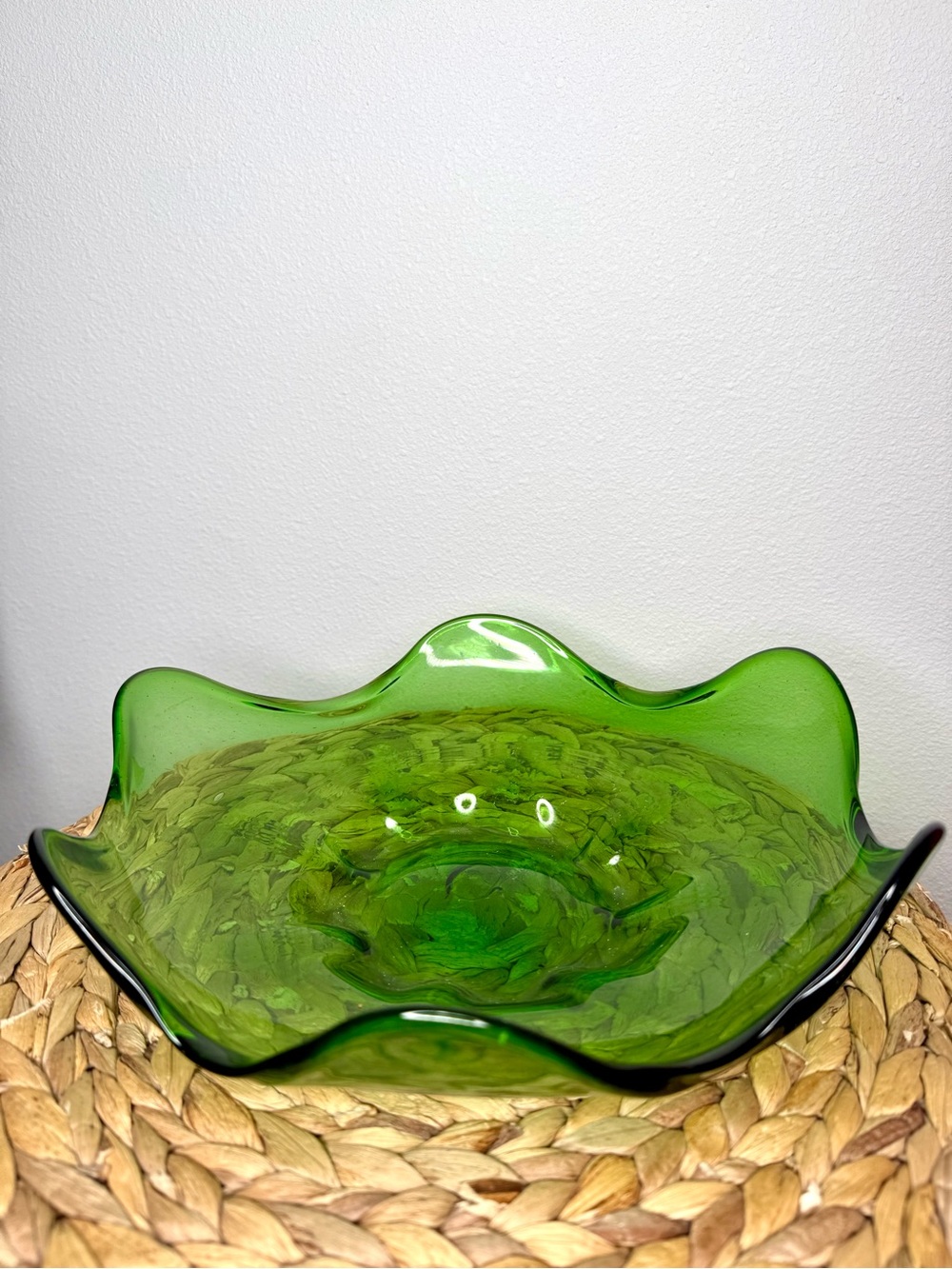 MCM Vtg Art Glass Bowl Murano Style Green Ruffled Edge Asymmetrical Blown